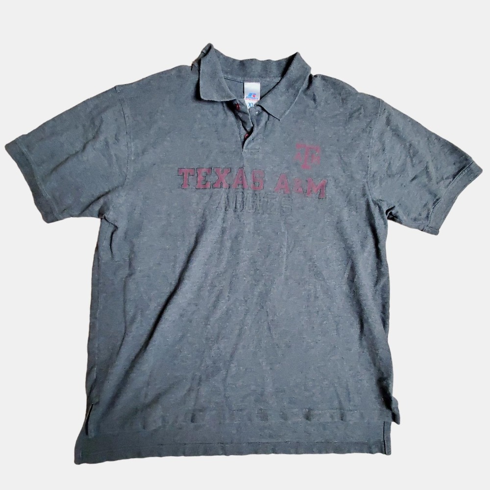 Texas A&M Aggies Polo Shirt Graphic Print Russell Athletics Mens XL College Gray